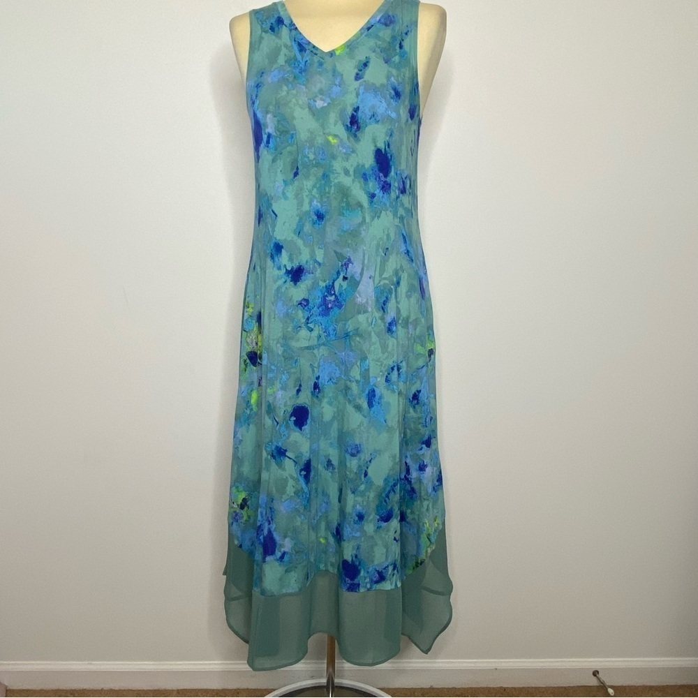 LOGO by Lori Goldstein Watercolor Tie Dye Chiffon Trim Midi Dress